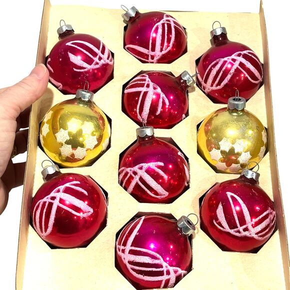Vintage blown glass Christmas tree ornaments pink gold white flocking lot of 10 - Picture 11 of 11